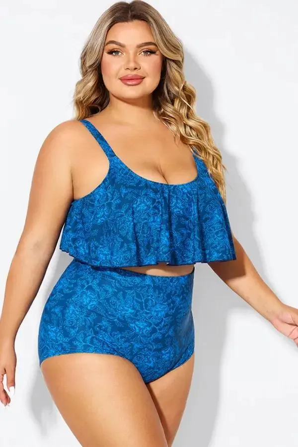 Navy Blue Floral Print Hem Bikini Top