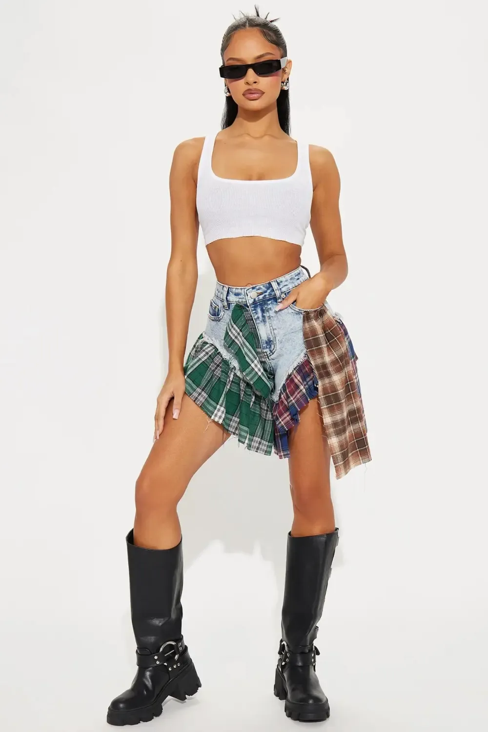 High Impact Plaid Denim Shorts - Light Wash