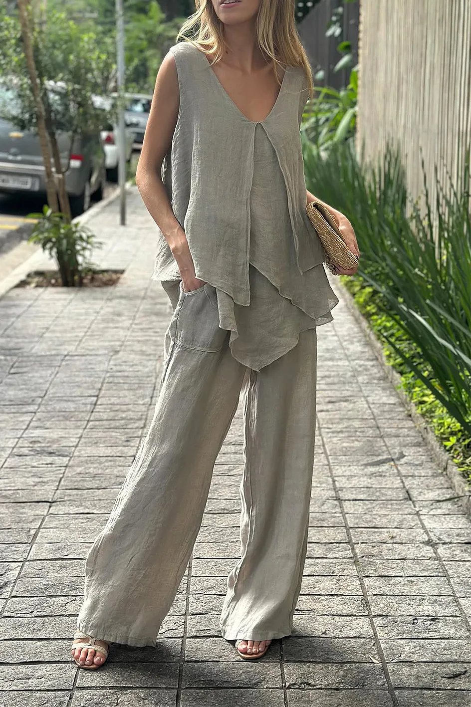 Women'S Solid Color Cotton And Linen Casual Top And Pants Two-Piece Set
