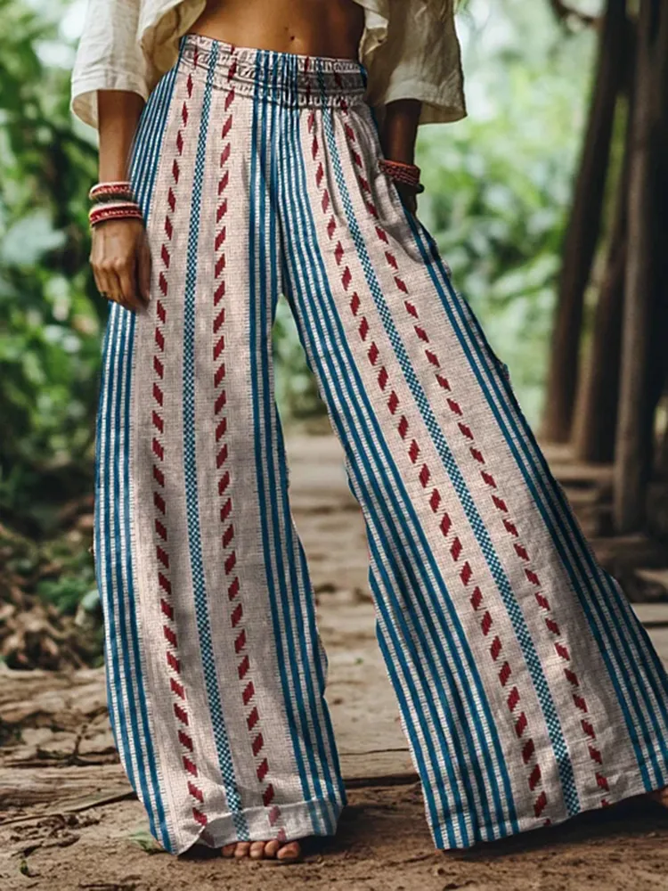 Vintage Bohemian Striped Art Women's Linen Blend Casual Pants