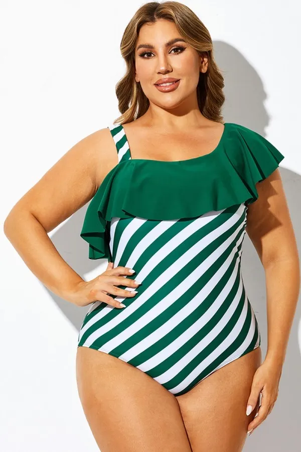 Green Striped Flounce Panel One Piece Swimsuit
