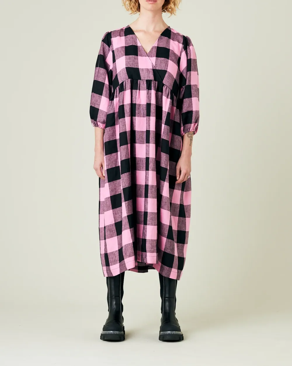 PINK & BLACK MEGA CHECK LINEN DRESS