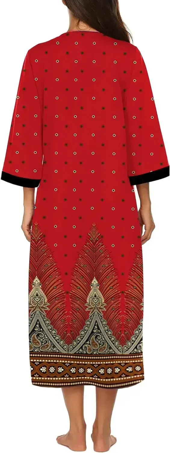 Women Zipper Robe 3/4 Sleeves Loungewear Dress Full Length Sleepwear Pockets Housecoat Nightgown Long Bathrobe