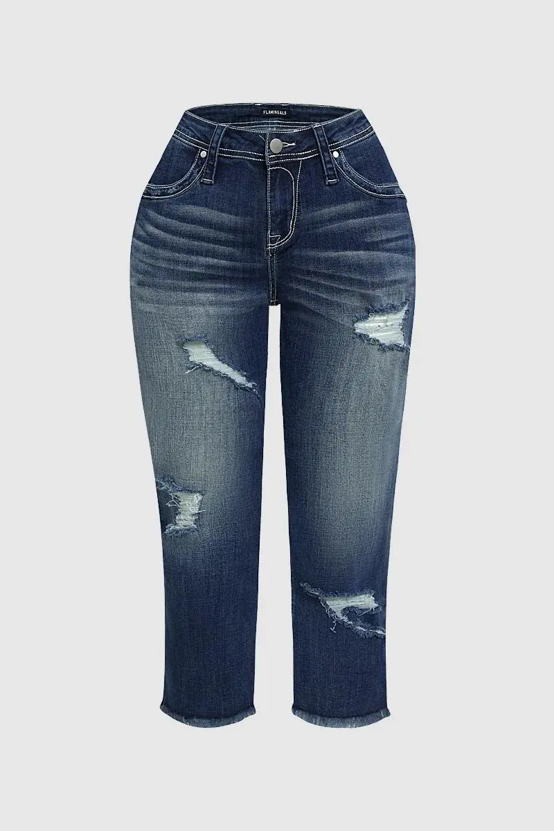 Ripped Raw Hem Wash High Stretch Low Waist Capri Jeans