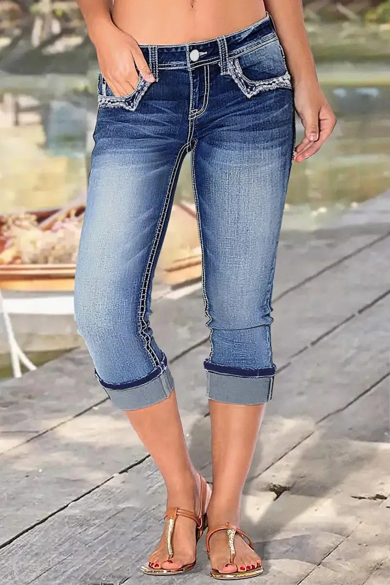 Embroidery Roll Hem Wash High Stretch Low Rise Capri Jeans
