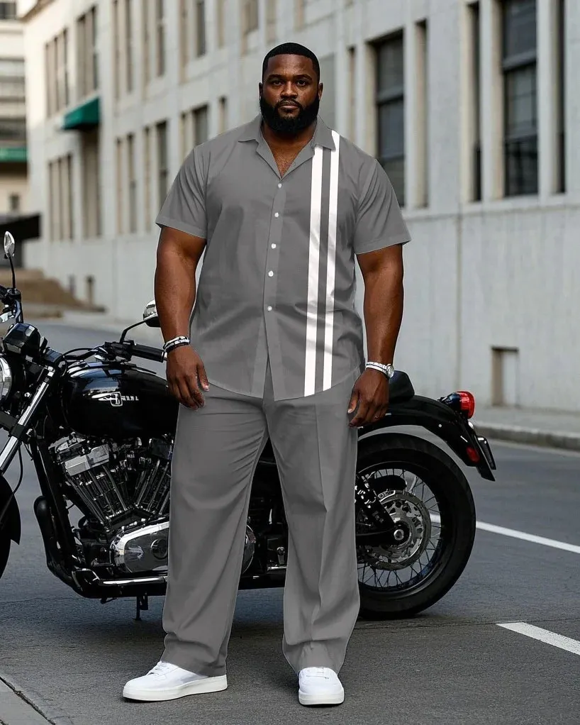 Big Men'S Business Simple Grey & White Colorblock Short Sleeve Shirt Trousers Set