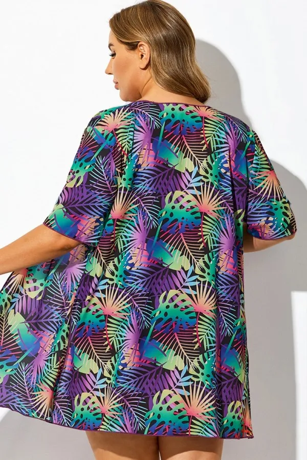 Purple Tropical Plant Print Beach Cover Up