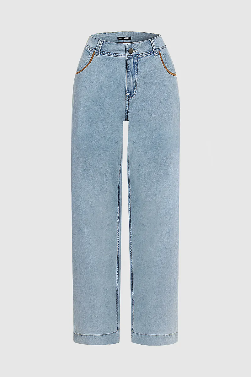 Stitch Detail Stretchy Low Waist Straight Leg Jeans