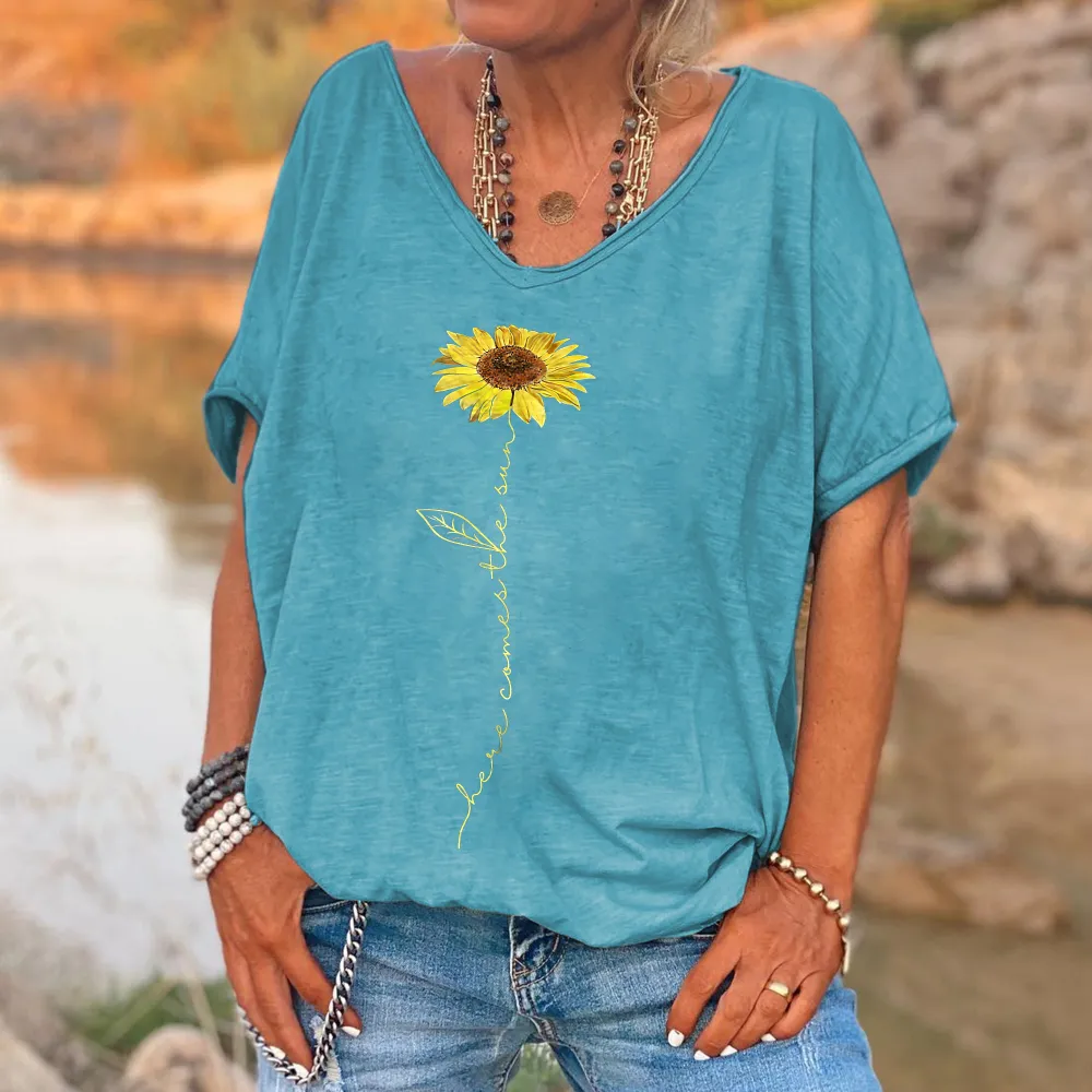 Here Comes The Sun Printed Sunflower T-shirt