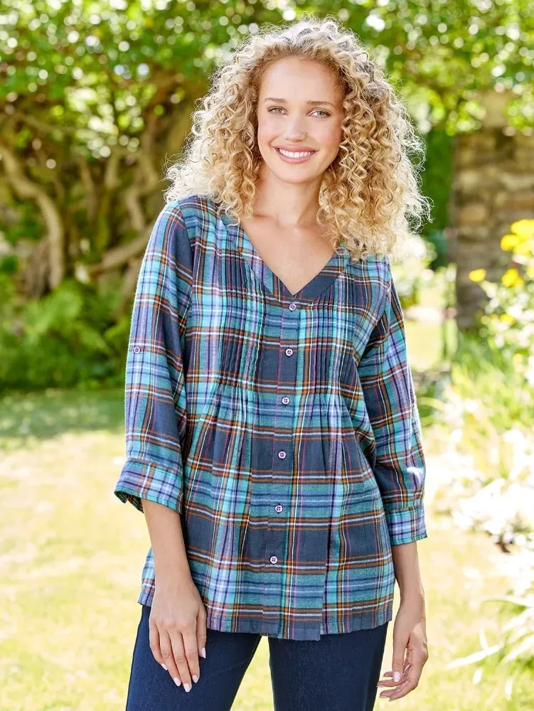 Pintuck Plaid Brushed-Cotton Tunic Top