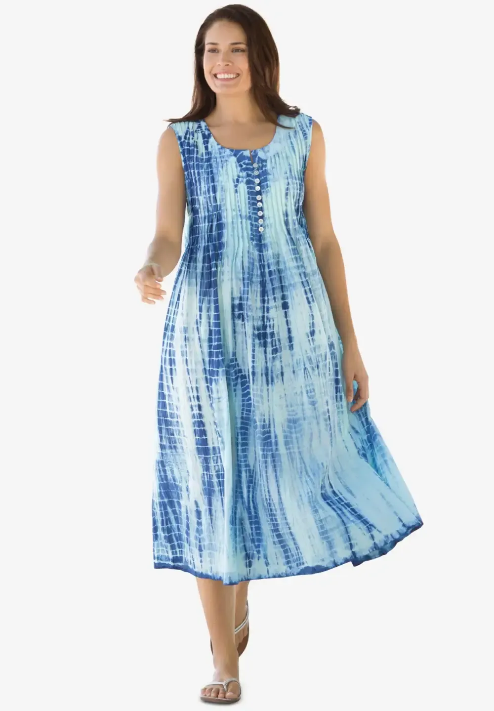 Sleeveless Pintuck Tie-Dye Dress