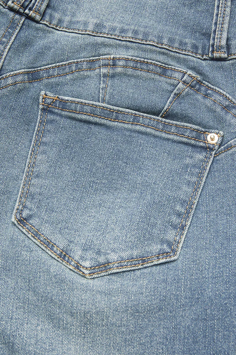 Button Up Roll Hem Mid Rise Capri Jeans