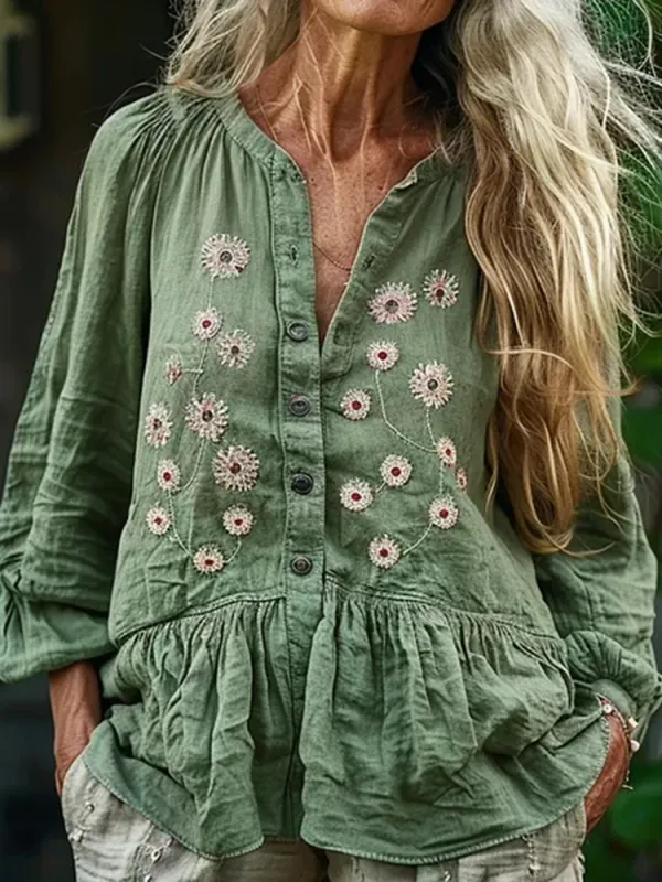 Bohemian Linen Floral Art Print Long Sleeve Loose Shirt