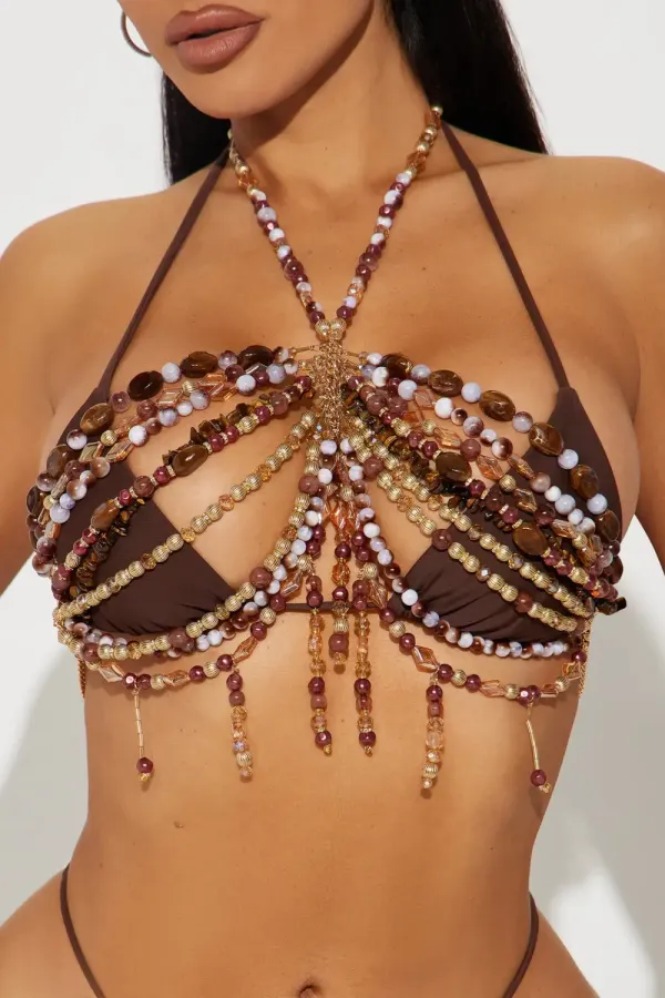 Ocean Goddess Gemstones Beaded Body Chain 3 Piece Bikini Set - Brown