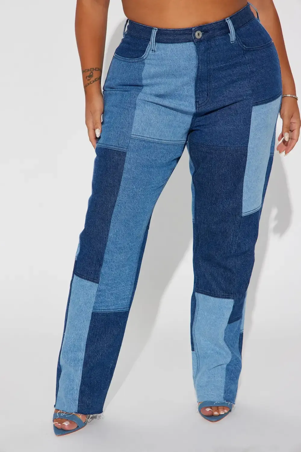 Hey Girl Patchwork Straight Leg Jeans - Blue Wash