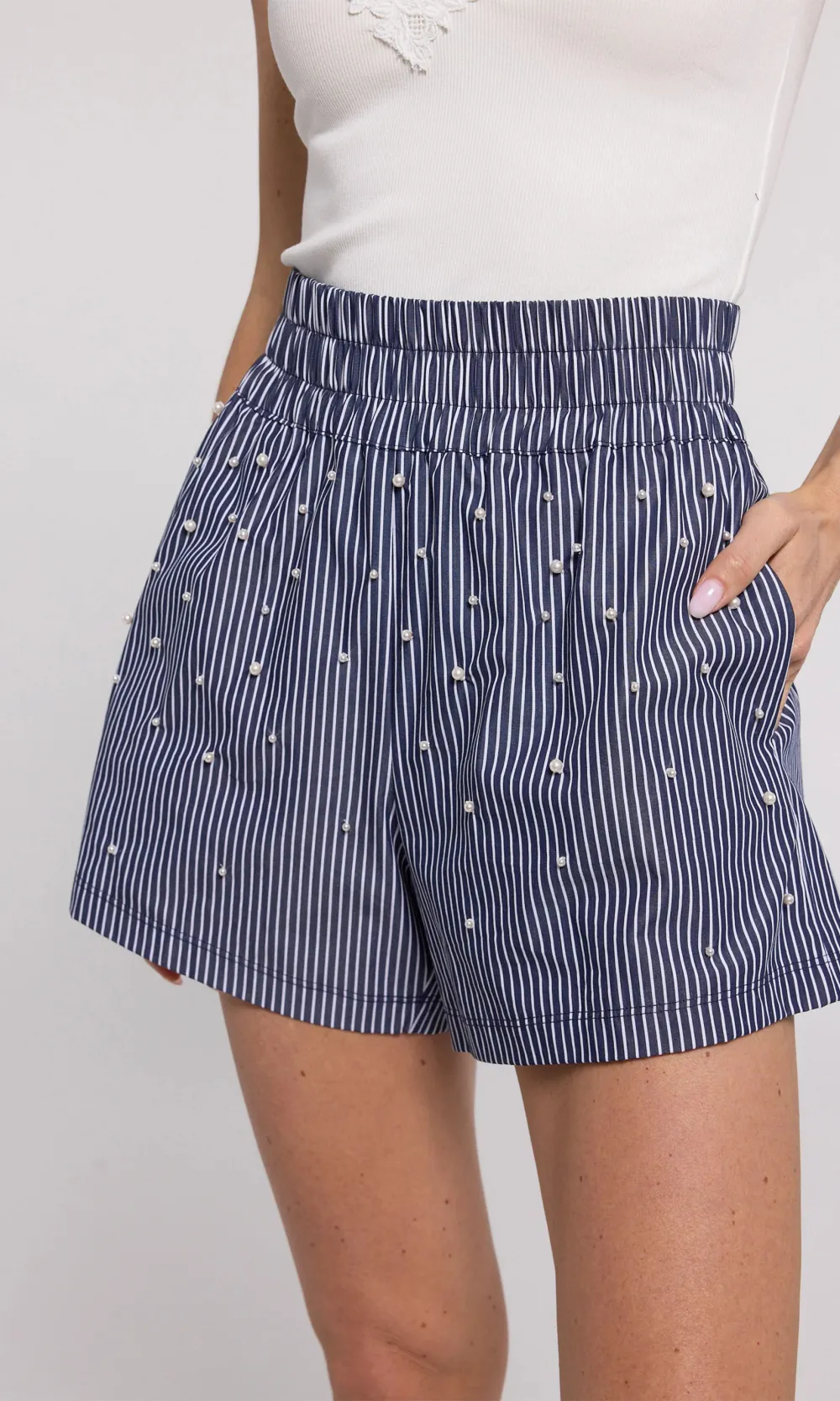 Betty Pearl Embellished Pinstripe Shorts