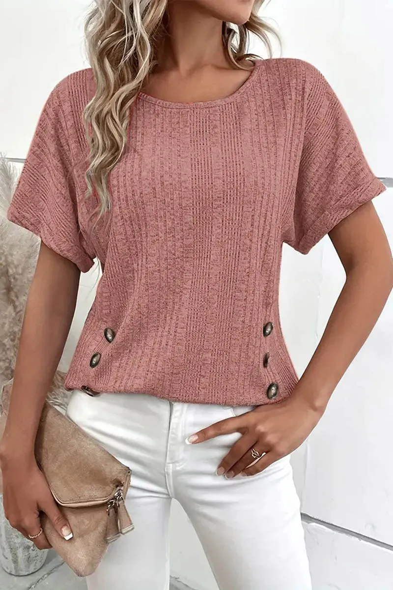 Solid Rib-Knit Decorative Button Short Dolman Sleeve T-Shirt