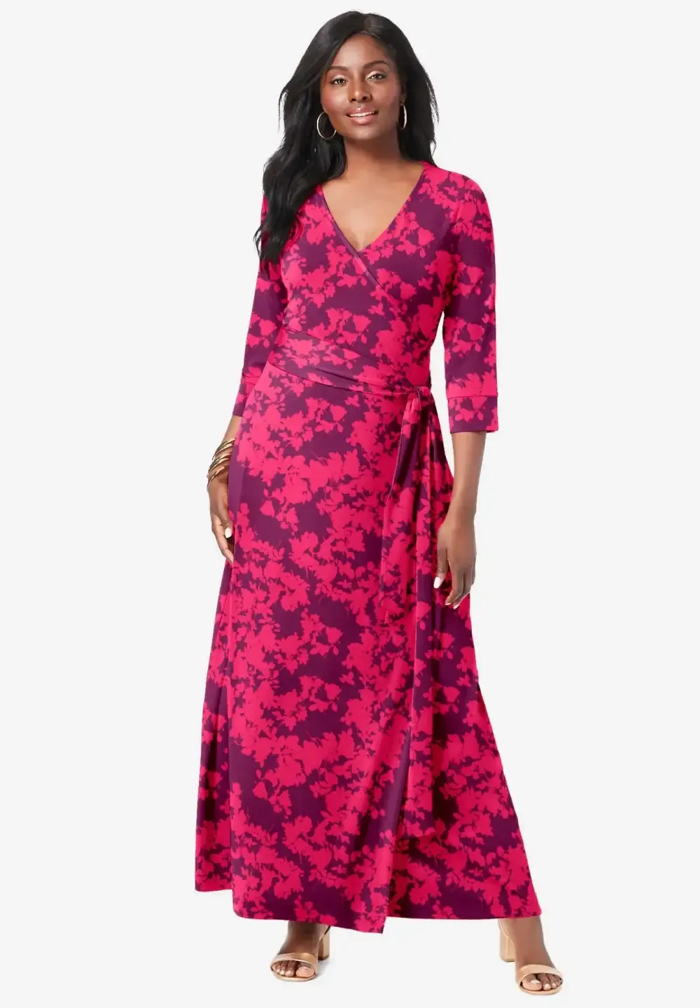 Stretch Knit Faux Wrap Maxi Dress