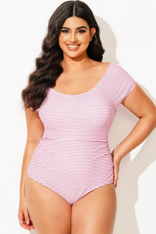 Pink Stripes Round Neck Women One Piece Swimsuit