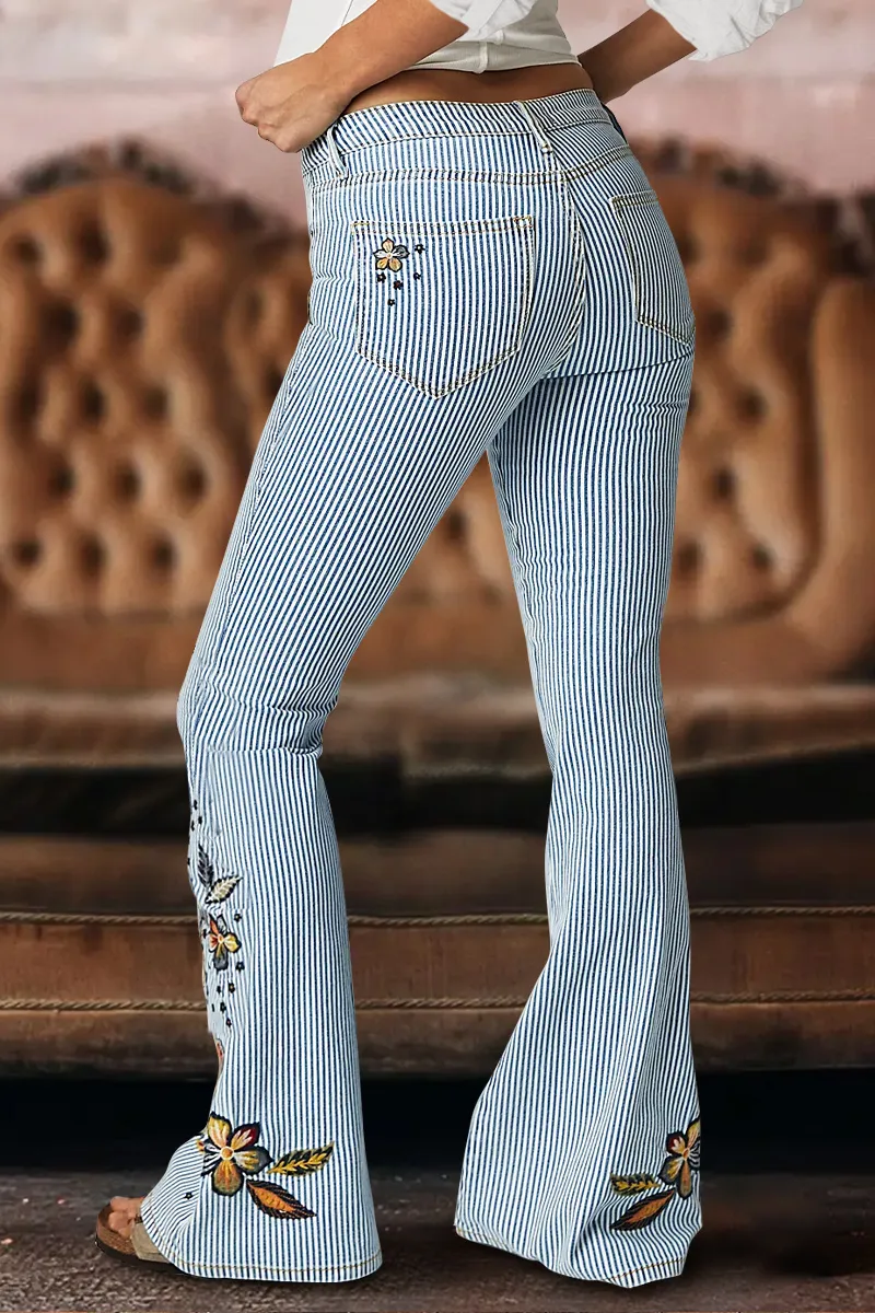 Striped Pattern Embroidered Low Waist Bootcut Jeans