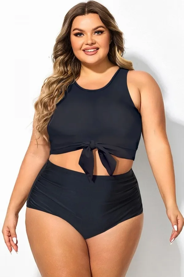 Plus Size Green Stripe Knotted Crop Bikini Top