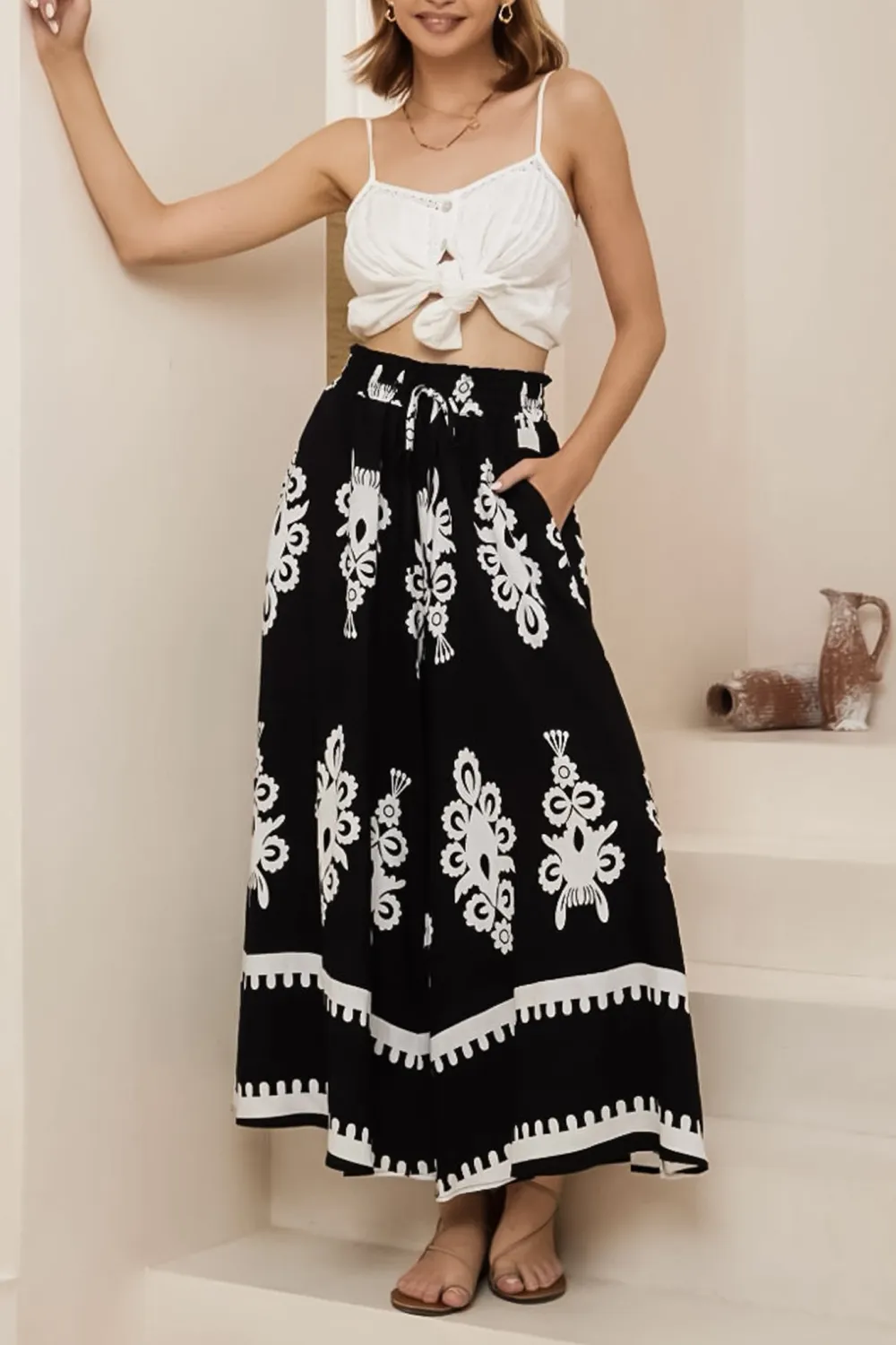 Black Patterned High Waist Wide Leg Trousers