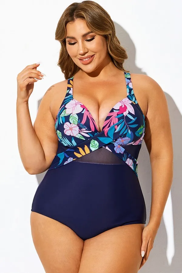 Navy Cut Out Mesh Underwire One Piece Swimsuit