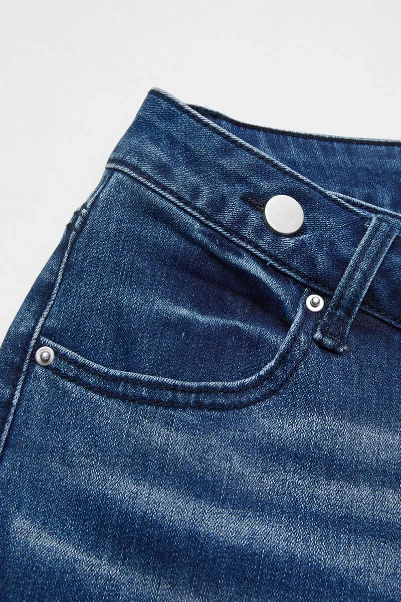 Wash Raw Roll Hem Wrap Mid Waist Straight Leg Jeans