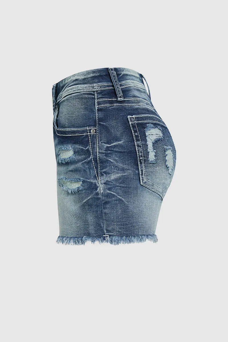 Wash Ripped Raw Hem Mid Waist Denim Shorts