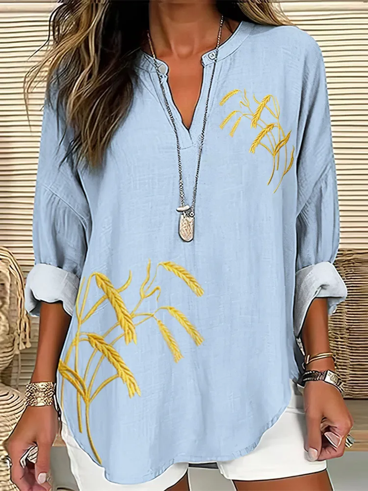 Women's Ukraine Embroidered V-neck Linen Blend Blouse