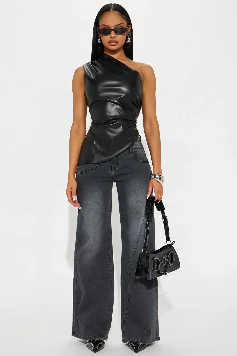 Vespera Faux Leather One Shoulder Top - Black