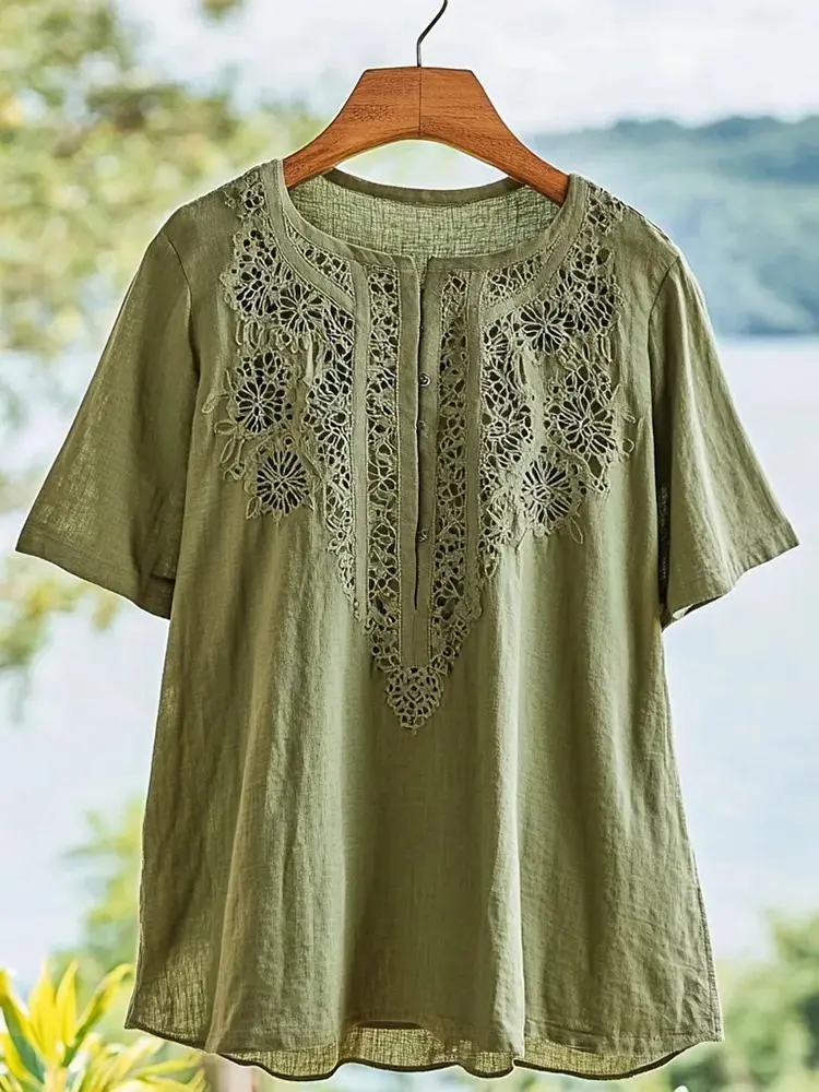 Women's Lace Floral Design Linen Button Shirt