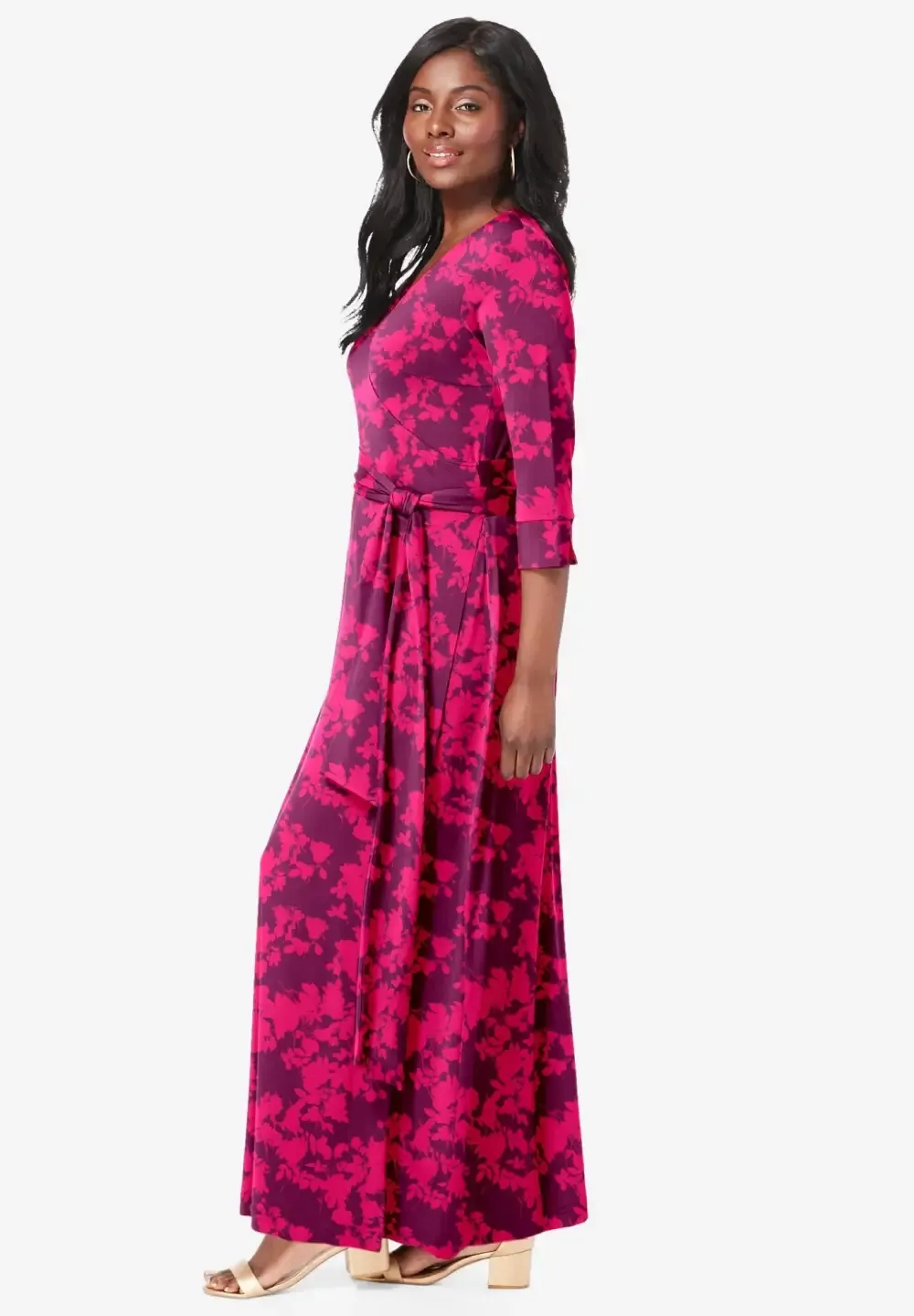 Stretch Knit Faux Wrap Maxi Dress