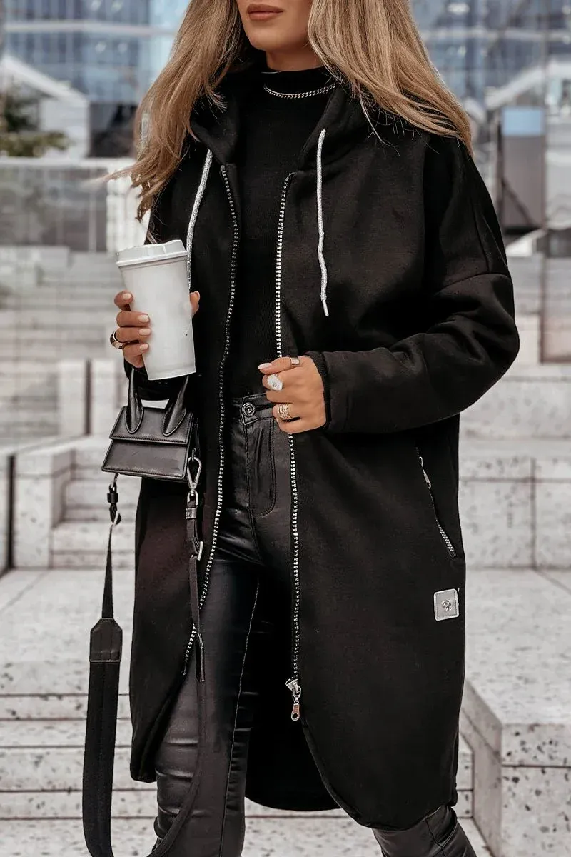 Women's Solid Color Zipper Hooded Casual Coat