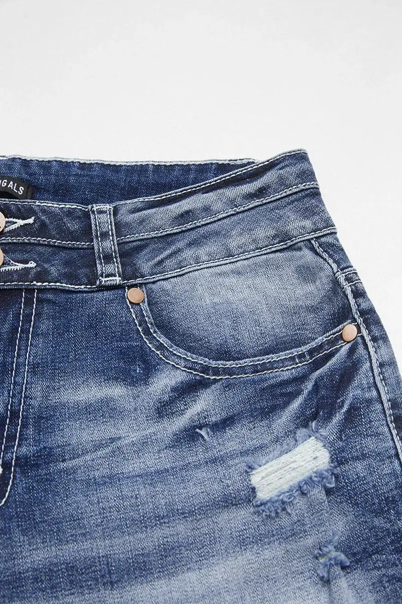 Wash Double Button Ripped High Rise Bermuda Denim Shorts