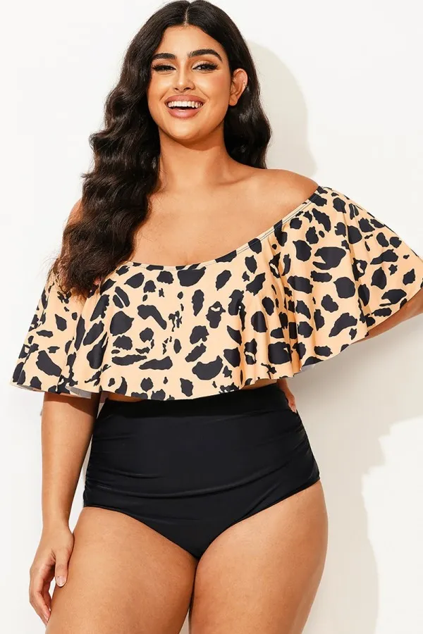 Leopard Print Ruffle Off Shoulder Bikini Top