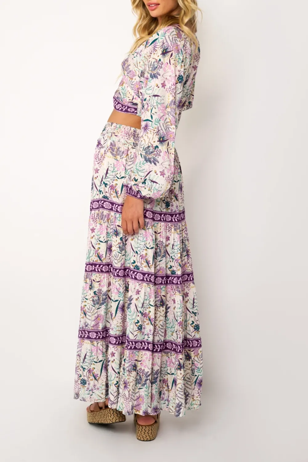 Purple And White Floral Print Split Maxi Skirt