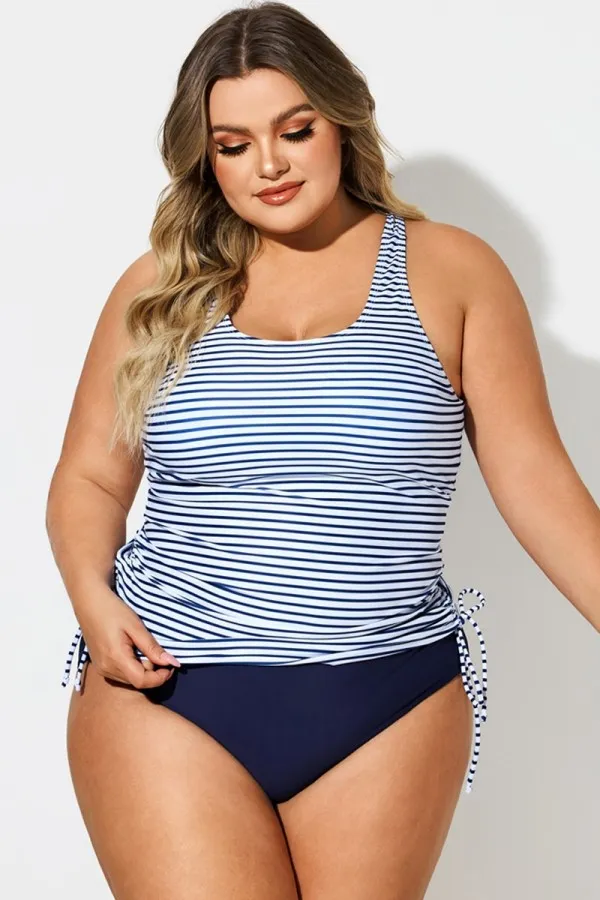 Plus Size Stripe Built-In Bra Racerback Tankini Top