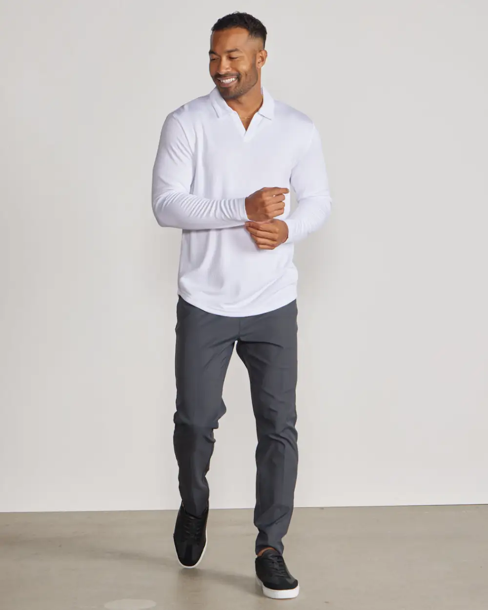 Ribbed Long Sleeve Open V Polo