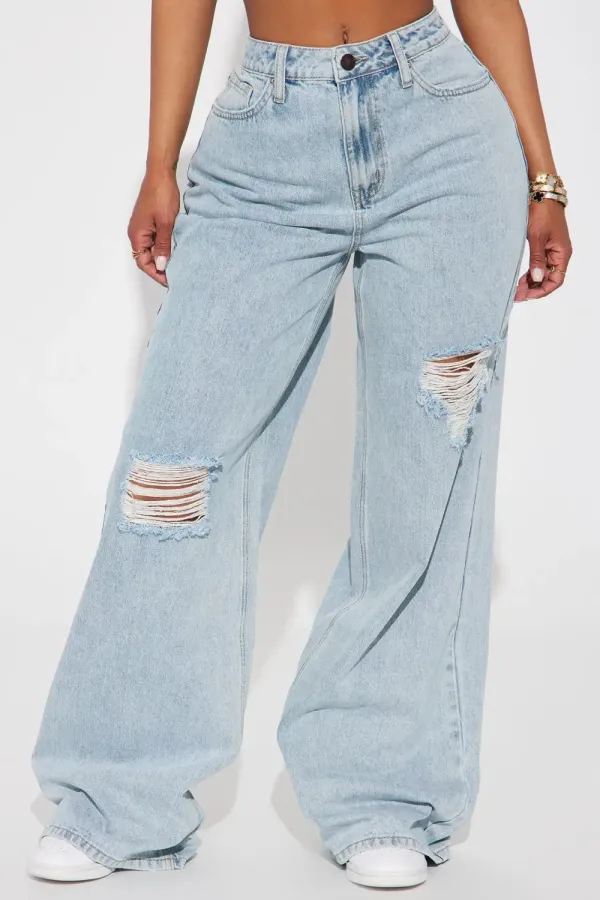 Fly By Night Non Stretch Wide Leg Jean - Light Wash