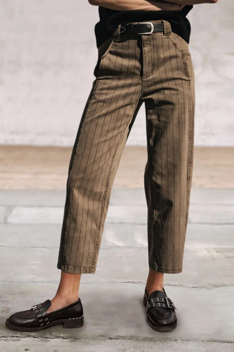 Pinstriped Mid Waist Straight Leg Crop Pants Without Belt