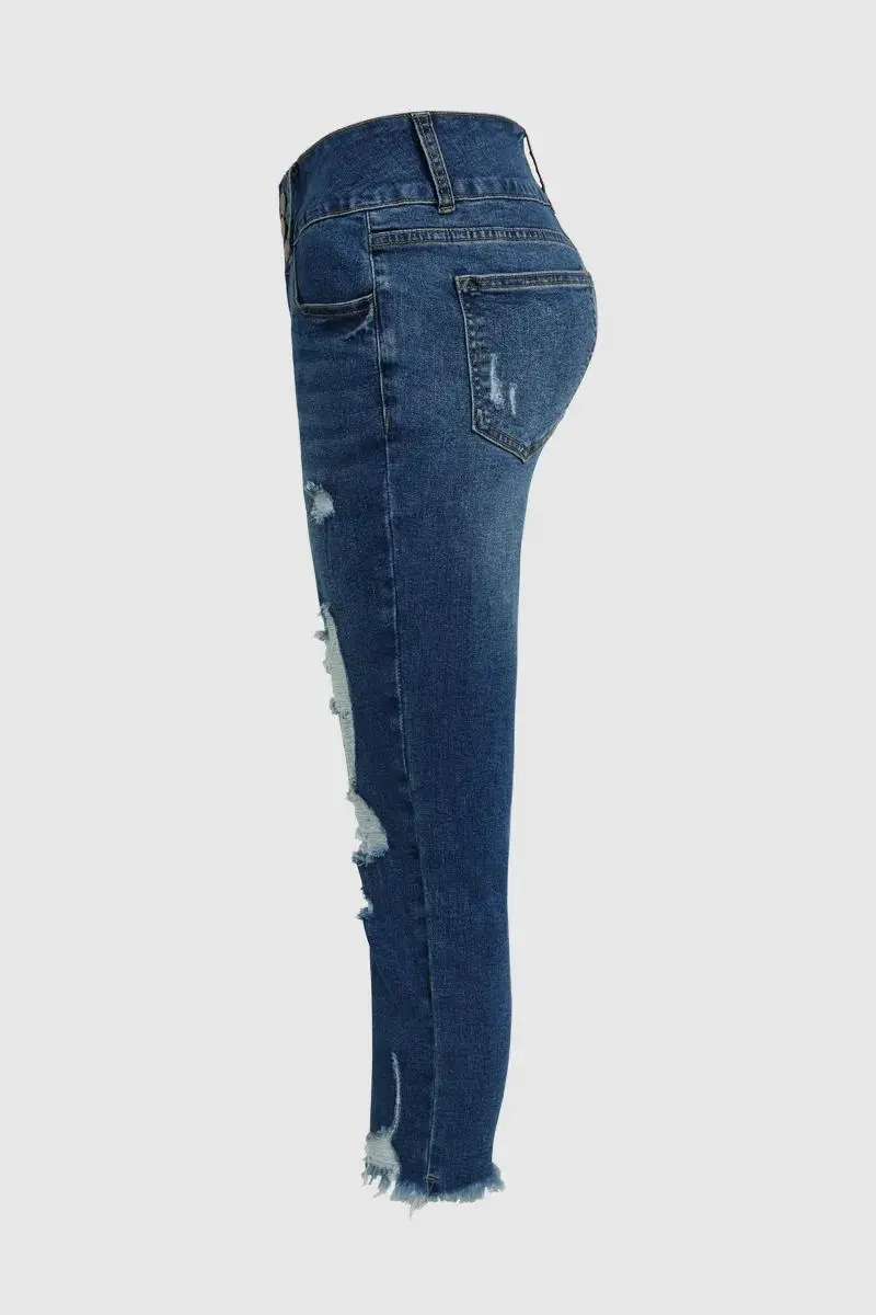 Button Up Ripped Raw Hem Mid Rise Capri Jeans