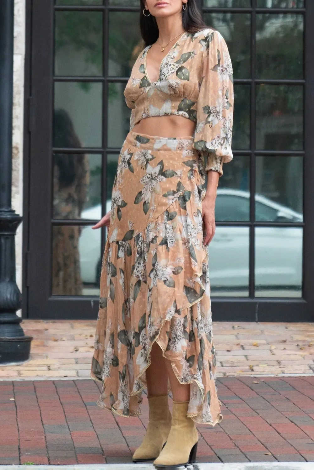 Tan And Brown Botanical Print Maxi Skirt