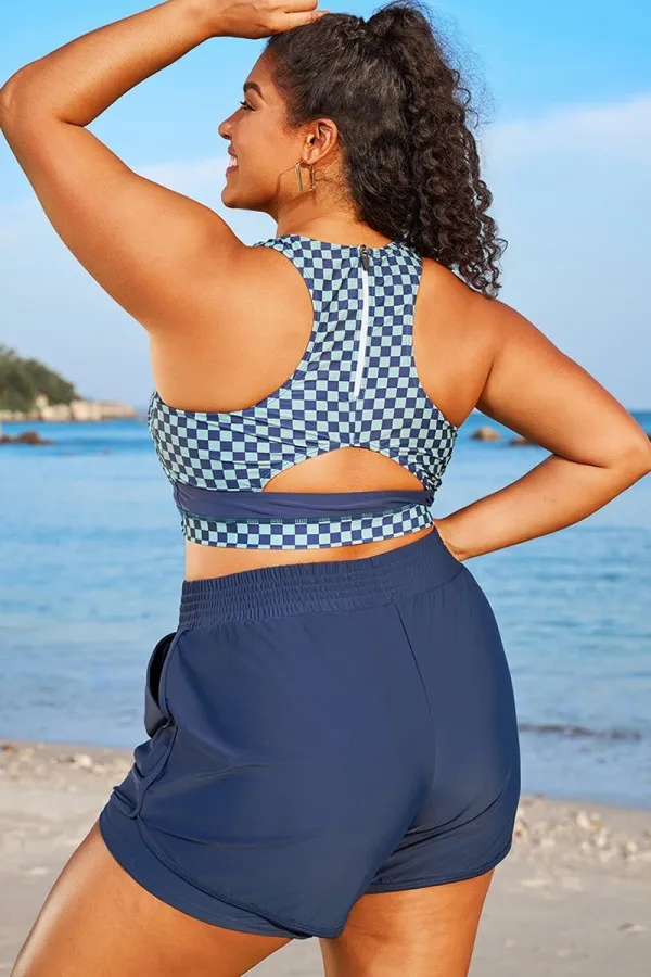 Blue Check Round Neck Patchwork Bikini Top