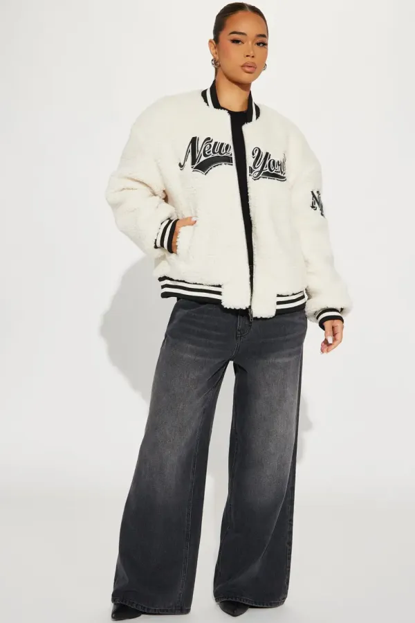 I Love New York Sherpa Bomber Jacket - Cream/combo