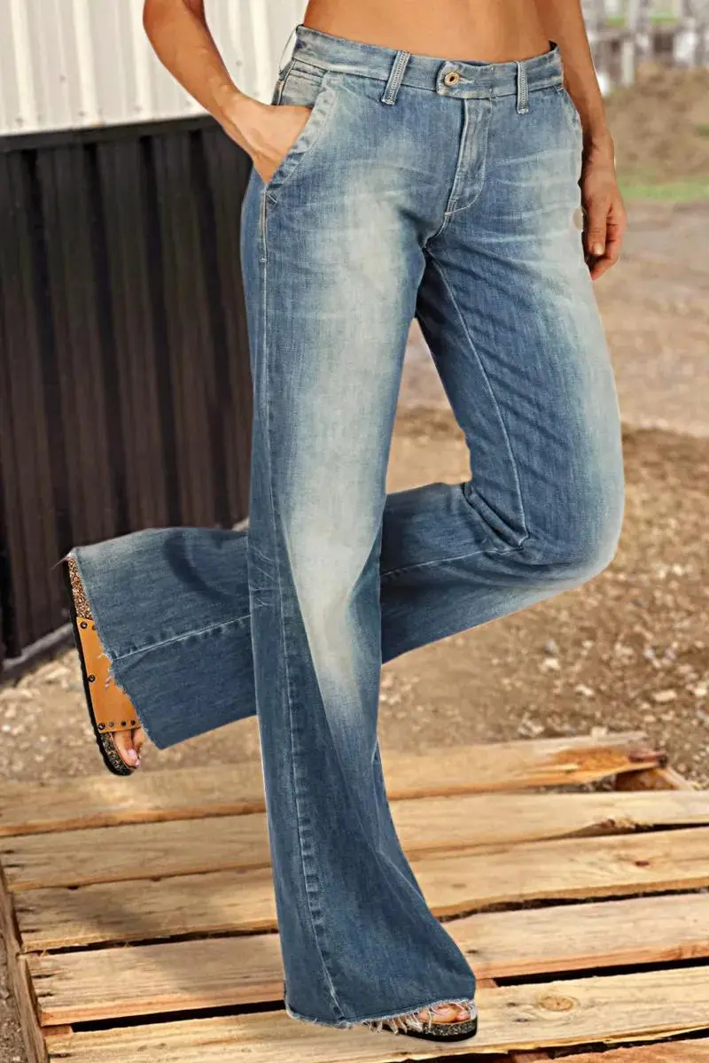Slant Pocket Raw Hem Low Waist Flare Jeans