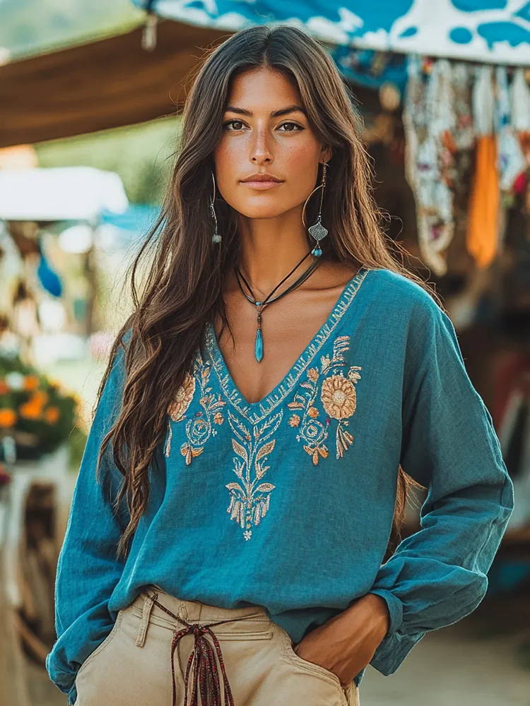 Casual Bohemian Embroidered Linen V-neck Shirt
