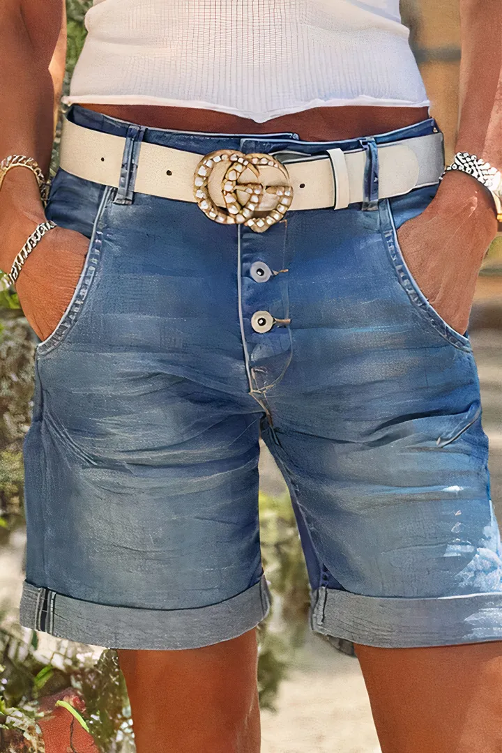 Button Fly Roll Hem Denim Mid Thigh Shorts Without Belt