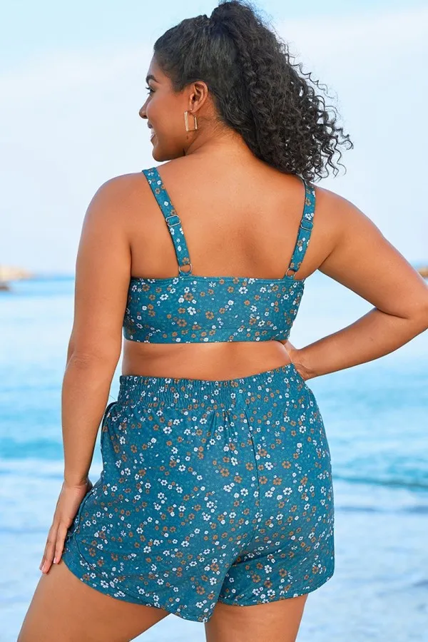 Blue Floral Print Wide Strap Women Bikini Top