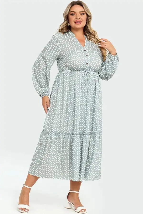 Dot Print Button Tie Waist Ruffled Hem Dress